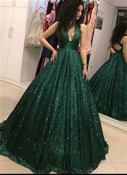 Picture of Charming Green Sequins Cross Back Ball Gown Evening Dresses Party Dresses, Green Long Prom Dresses